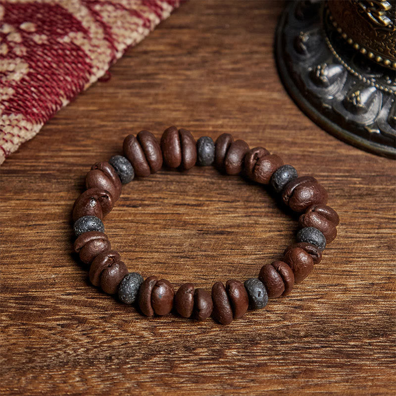 Bransoletka z naturalnych ziaren kawy z Buddha Stones , tygrysiego oka i szarego jaspisu z lawy - Ziarno kawy i skała lawowa (obwód nadgarstka: 16 cm) - image 11