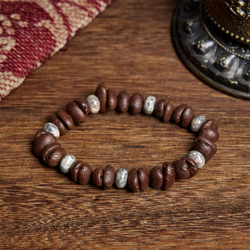 Bransoletka z naturalnych ziaren kawy z Buddha Stones , tygrysiego oka i szarego jaspisu z lawy - Ziarno kawy i szary jaspis (obwód nadgarstka: 16 cm) - image 6