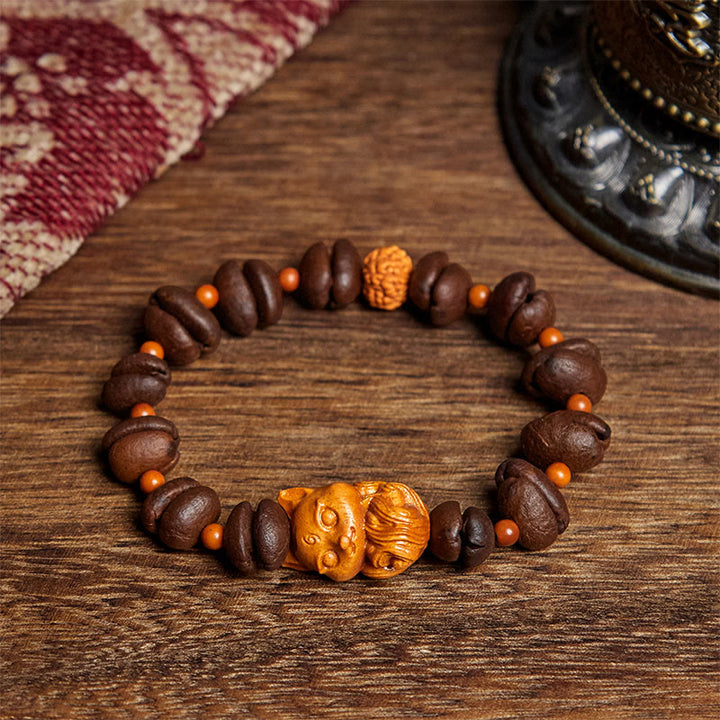 Bransoletka z naturalnego drewna wenge z ziaren kawy z lisa Buddha Stones - Ziarno kawy (obwód nadgarstka: 17,5 cm) - image 1
