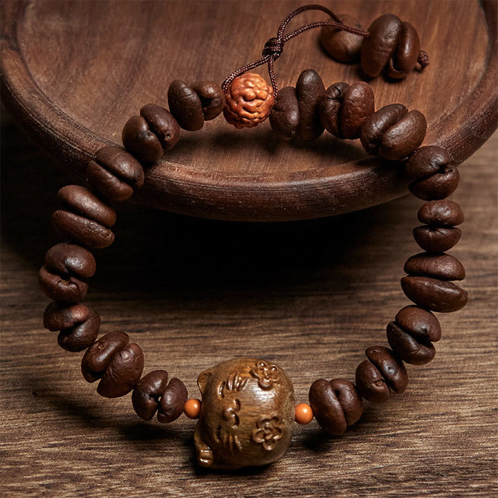 Buddha Stones Ręcznie Robione Lucky Cat Prawdziwe Ziarna Kawy Bransoletka Sandałowa - image 2