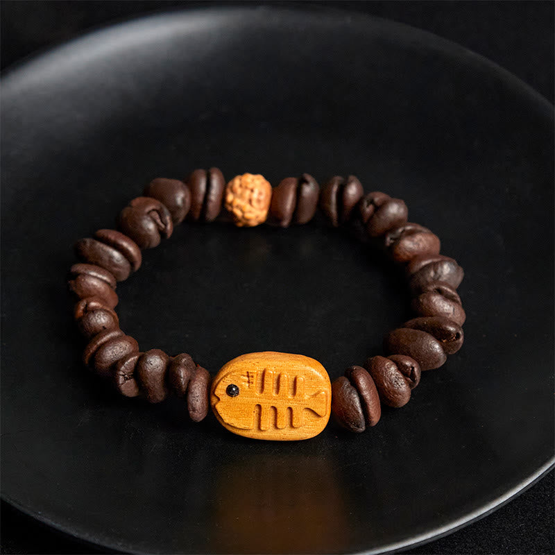 Bransoletka z Buddha Stones wykonana ręcznie z ości ryby, prawdziwych ziaren kawy i drewna wenge - image 4