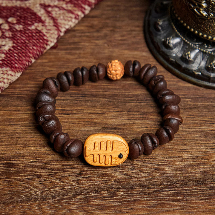Bransoletka z Buddha Stones wykonana ręcznie z ości ryby, prawdziwych ziaren kawy i drewna wenge - Ziarno kawy (obwód nadgarstka: 17,5 cm) - image 1