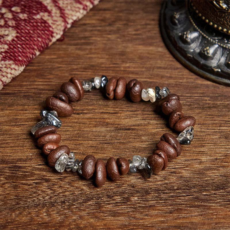 Bransoletka wzmacniająca z naturalnych ziaren kawy Buddha Stones z czarnego obsydianu i kwarcu rutylowego - Kwarc rutylowy (obwód nadgarstka: 17,5 cm) - image 7
