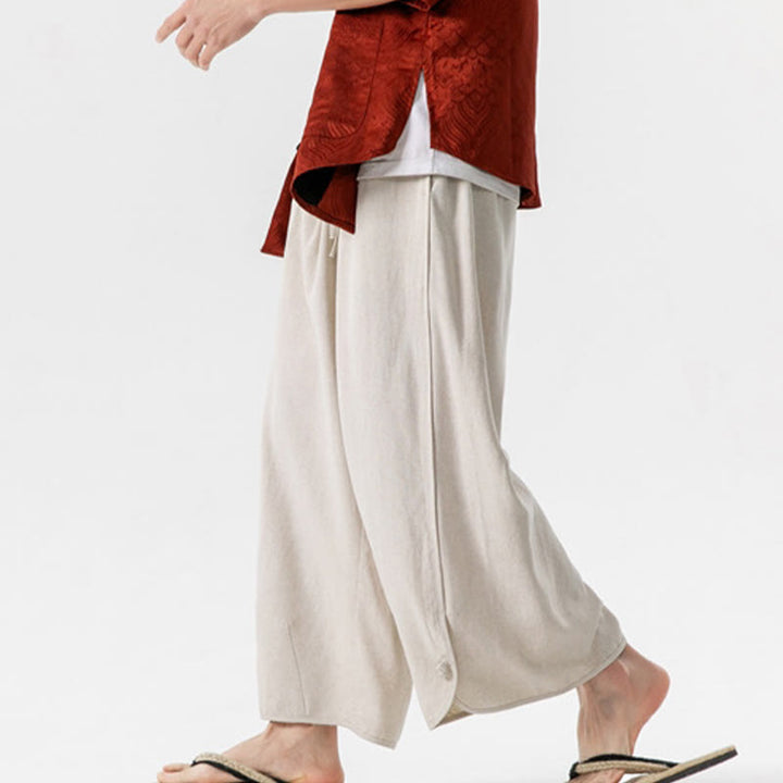 Spodnie męskie z bawełny i lnu, luźne, luźne, z guzikami żabki, o długości 7-8, z kieszeniami, z Buddha Stones - image 2