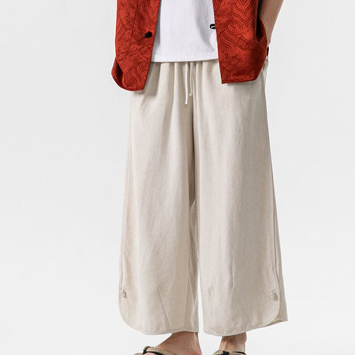 Spodnie męskie z bawełny i lnu, luźne, luźne, z guzikami żabki, o długości 7-8, z kieszeniami, z Buddha Stones - Beżowy - US/UK/AU46， EU56 (5XL) - image 0