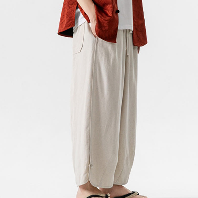 Spodnie męskie z bawełny i lnu, luźne, luźne, z guzikami żabki, o długości 7-8, z kieszeniami, z Buddha Stones - image 3