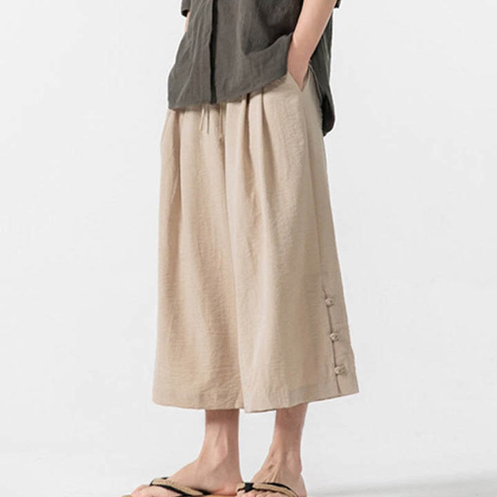 Spodnie męskie z szerokimi nogawkami i kieszeniami, luźne, bawełniane, z guzikami żabki, z kolekcji Buddha Stones, o długości 7-8 - image 3