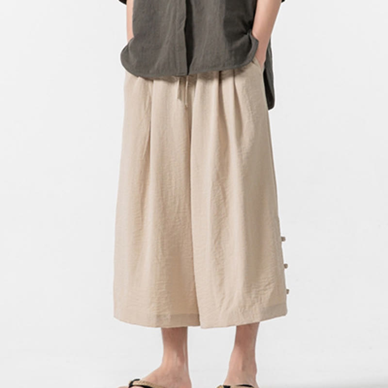 Spodnie męskie z szerokimi nogawkami i kieszeniami, luźne, bawełniane, z guzikami żabki, z kolekcji Buddha Stones, o długości 7-8 - PapayaWhip - US/UK/AU46， EU56 (5XL) - image 0