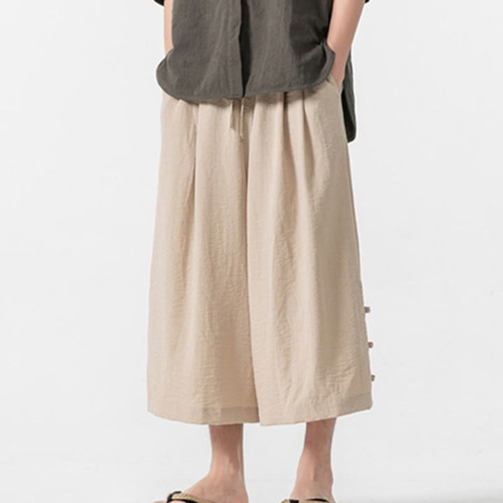 Spodnie męskie z szerokimi nogawkami i kieszeniami, luźne, bawełniane, z guzikami żabki, z kolekcji Buddha Stones, o długości 7-8 - PapayaWhip - US/UK/AU46， EU56 (5XL) - image 0