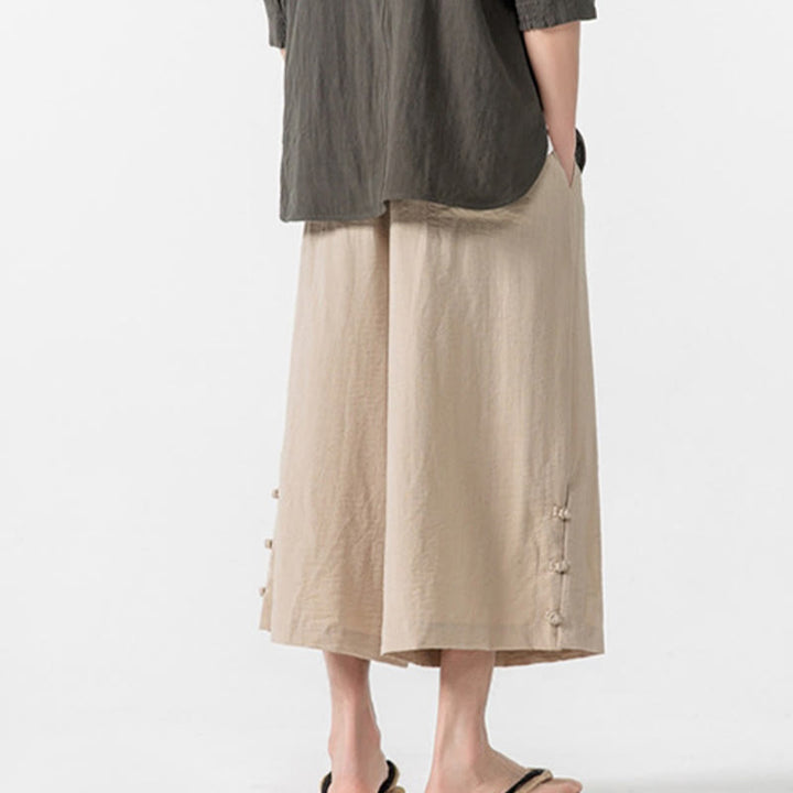 Spodnie męskie z szerokimi nogawkami i kieszeniami, luźne, bawełniane, z guzikami żabki, z kolekcji Buddha Stones, o długości 7-8 - image 4