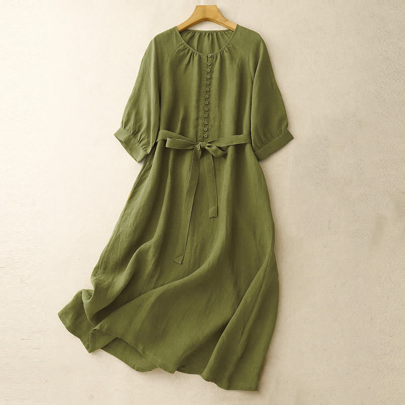 Sukienka midi z bawełny i lnu Buddha Stones z okrągłym dekoltem i sznurowaniem, wiosenna, z krótkim rękawem - Oliwkowy - US14, UK/AU18, EU46 (2XL) - image 0