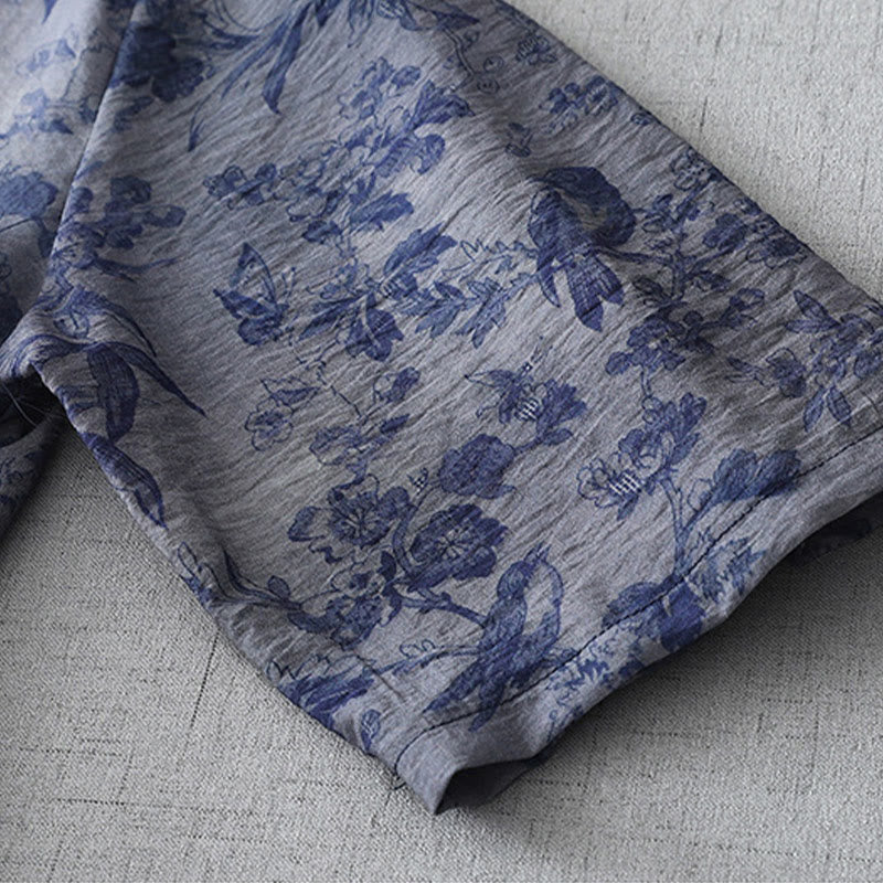 Sukienka midi z bawełny z nadrukiem w kwiaty i Buddha Stones , z żabim guzikiem i krótkim rękawem, kołnierzykiem typu stójka - image 10