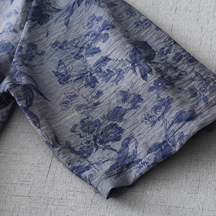 Sukienka midi z bawełny z nadrukiem w kwiaty i Buddha Stones , z żabim guzikiem i krótkim rękawem, kołnierzykiem typu stójka - image 10