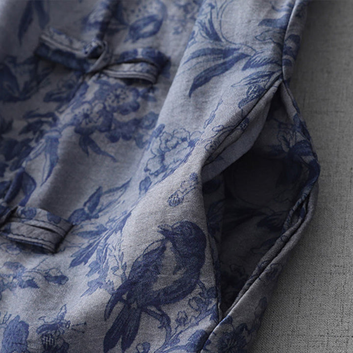 Sukienka midi z bawełny z nadrukiem w kwiaty i Buddha Stones , z żabim guzikiem i krótkim rękawem, kołnierzykiem typu stójka - image 4