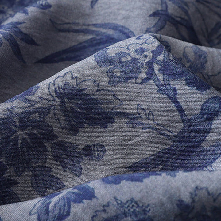 Sukienka midi z bawełny z nadrukiem w kwiaty i Buddha Stones , z żabim guzikiem i krótkim rękawem, kołnierzykiem typu stójka - image 6