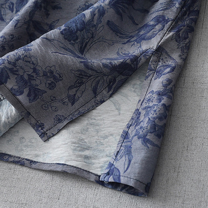 Sukienka midi z bawełny z nadrukiem w kwiaty i Buddha Stones , z żabim guzikiem i krótkim rękawem, kołnierzykiem typu stójka - image 7