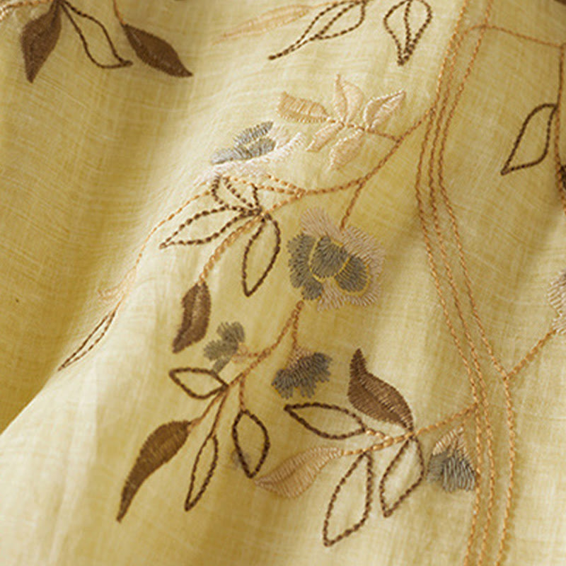 Sukienka midi z bawełny z haftowanymi liśćmi i Buddha Stones , z okrągłym dekoltem i krótkim rękawem - image 6