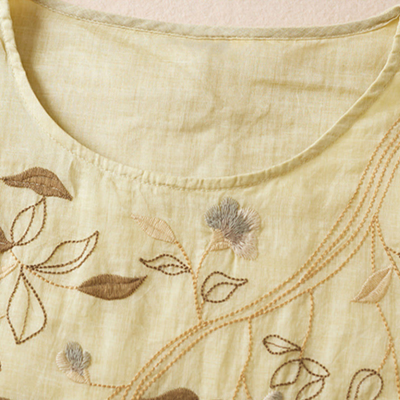 Sukienka midi z bawełny z haftowanymi liśćmi i Buddha Stones , z okrągłym dekoltem i krótkim rękawem - image 3