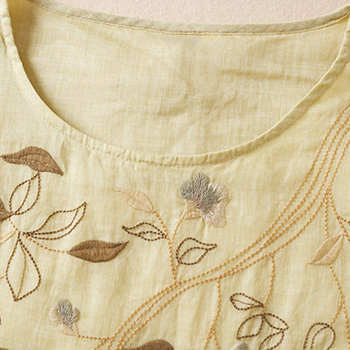 Sukienka midi z bawełny z haftowanymi liśćmi i Buddha Stones , z okrągłym dekoltem i krótkim rękawem - image 3