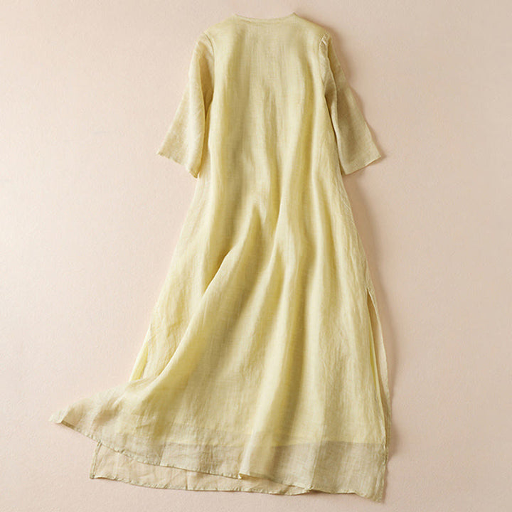 Sukienka midi z bawełny z haftowanymi liśćmi i Buddha Stones , z okrągłym dekoltem i krótkim rękawem - image 1