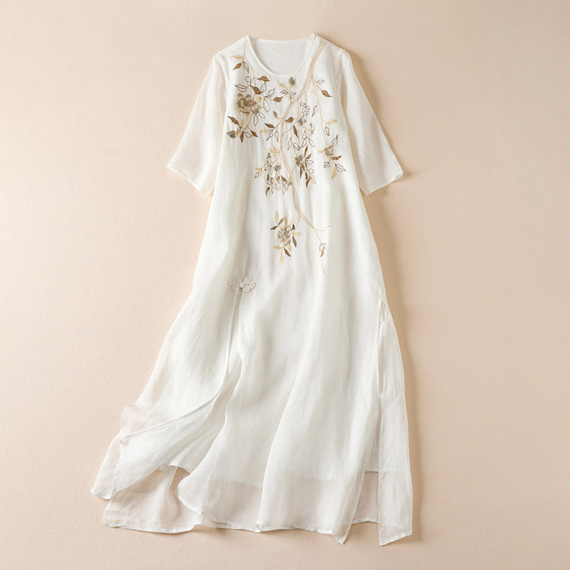 Sukienka midi z bawełny z haftowanymi liśćmi i Buddha Stones , z okrągłym dekoltem i krótkim rękawem - Śnieg - US8-10，UK/AU12-14，EU40-42 (2XL) - image 7