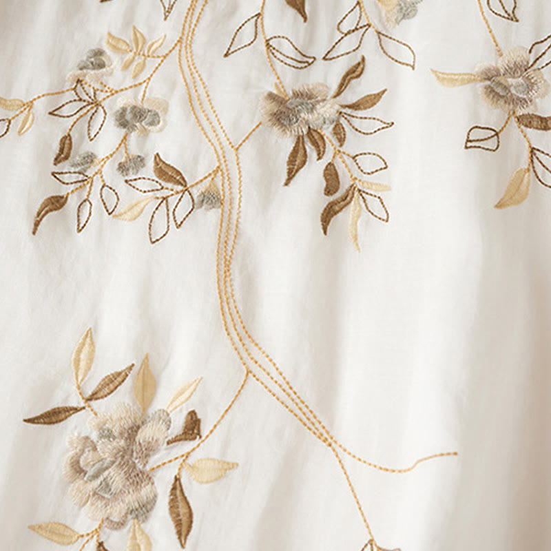 Sukienka midi z bawełny z haftowanymi liśćmi i Buddha Stones , z okrągłym dekoltem i krótkim rękawem - image 11