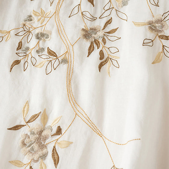 Sukienka midi z bawełny z haftowanymi liśćmi i Buddha Stones , z okrągłym dekoltem i krótkim rękawem - image 11