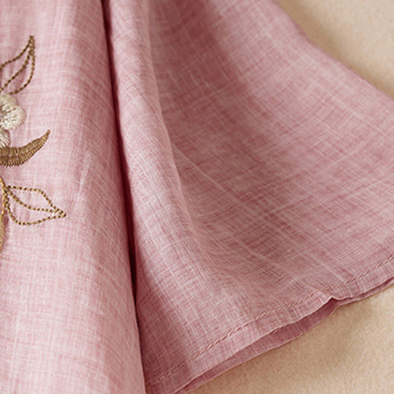 Sukienka midi z bawełny z haftowanymi liśćmi i Buddha Stones , z okrągłym dekoltem i krótkim rękawem - image 19