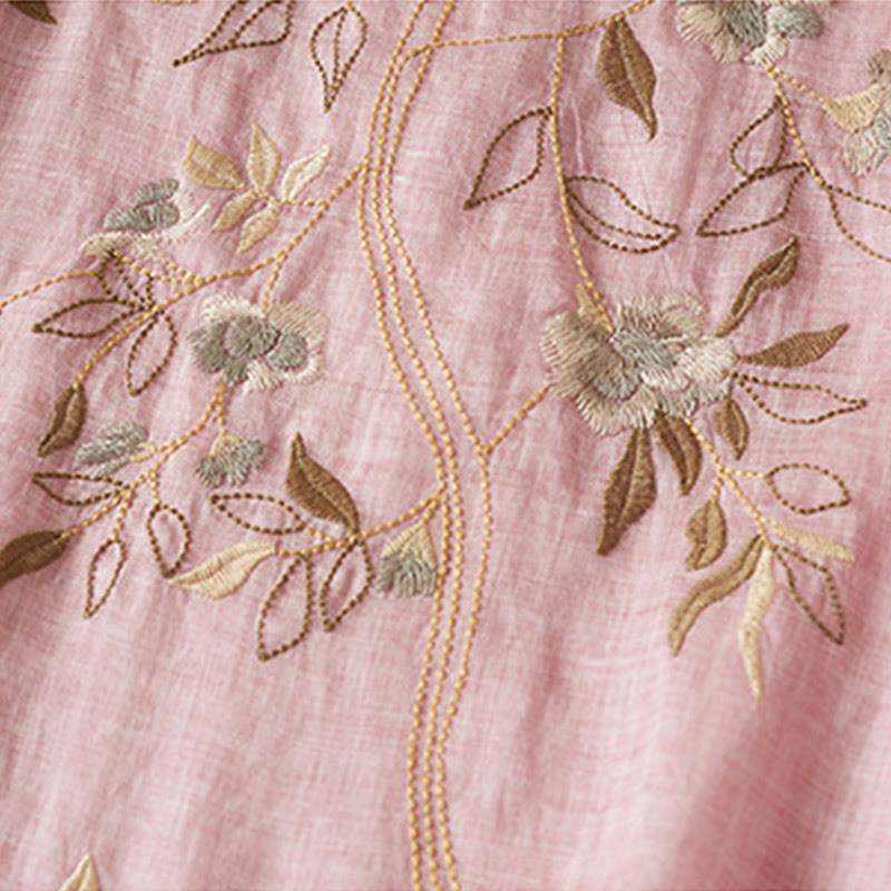 Sukienka midi z bawełny z haftowanymi liśćmi i Buddha Stones , z okrągłym dekoltem i krótkim rękawem - image 18