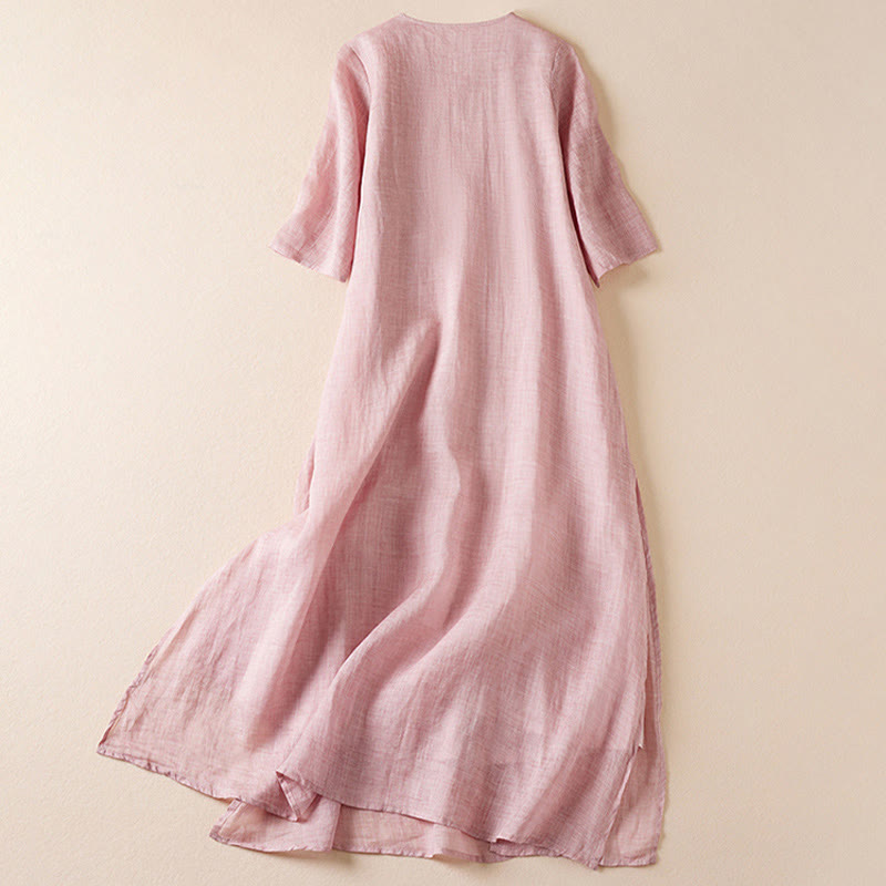 Sukienka midi z bawełny z haftowanymi liśćmi i Buddha Stones , z okrągłym dekoltem i krótkim rękawem - image 15