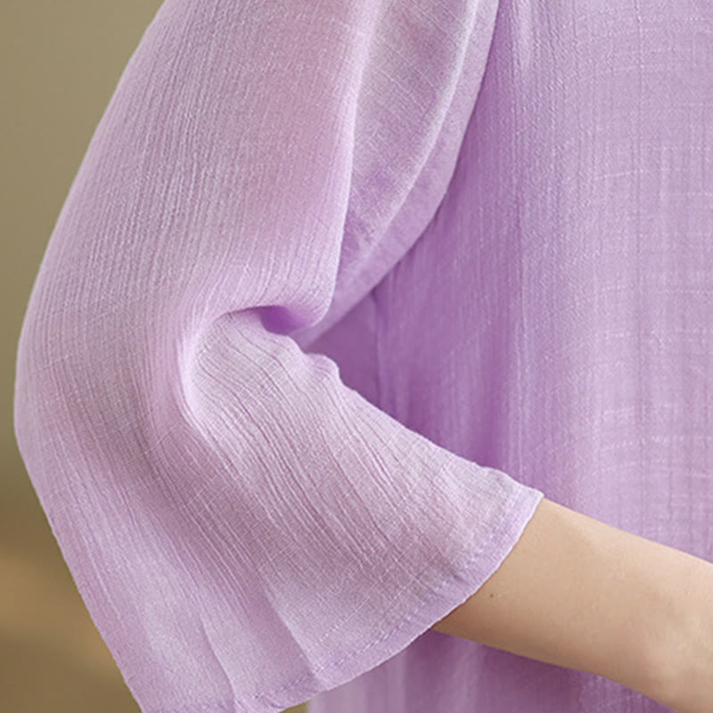 Sukienka midi z bawełny Buddha Stones , prosta, z okrągłym dekoltem i zapięciem na guziki w kształcie żaby - image 11