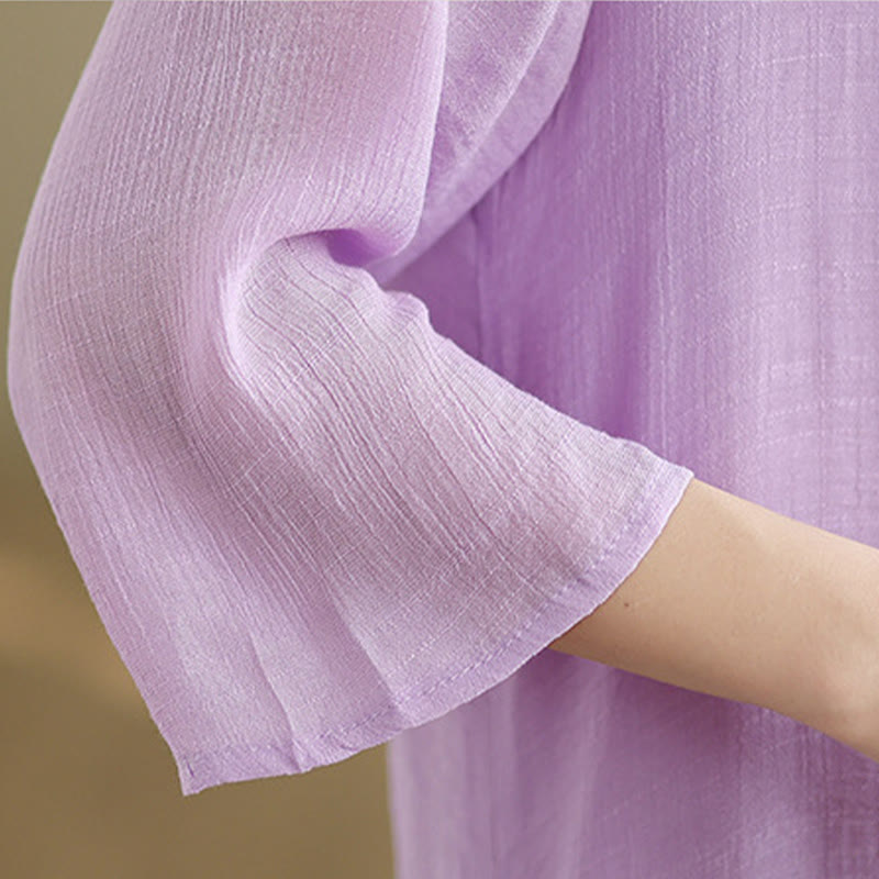 Sukienka midi z bawełny Buddha Stones , prosta, z okrągłym dekoltem i zapięciem na guziki w kształcie żaby - image 9