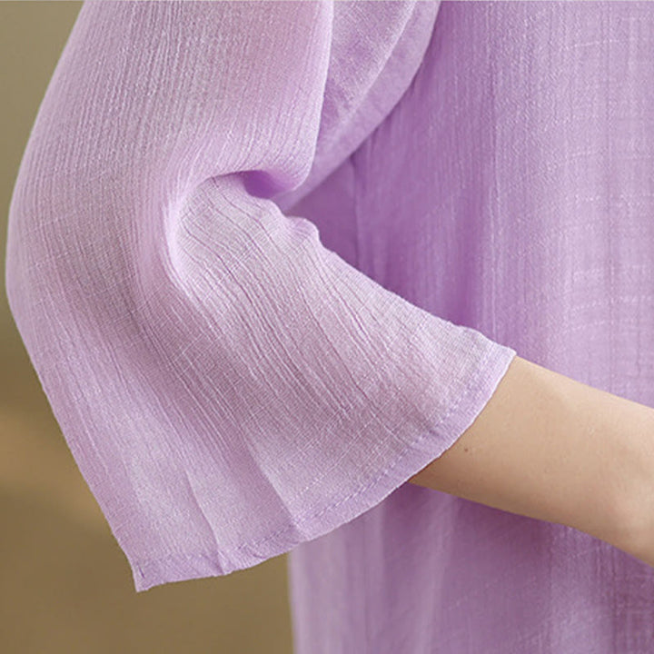 Sukienka midi z bawełny Buddha Stones , prosta, z okrągłym dekoltem i zapięciem na guziki w kształcie żaby - image 9