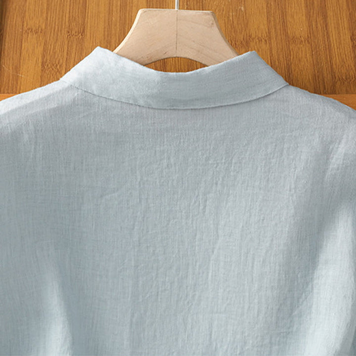 Letnia bawełniana koszula damska z krótkim rękawem i guzikami w jednolitym kolorze z Buddha Stones - image 5