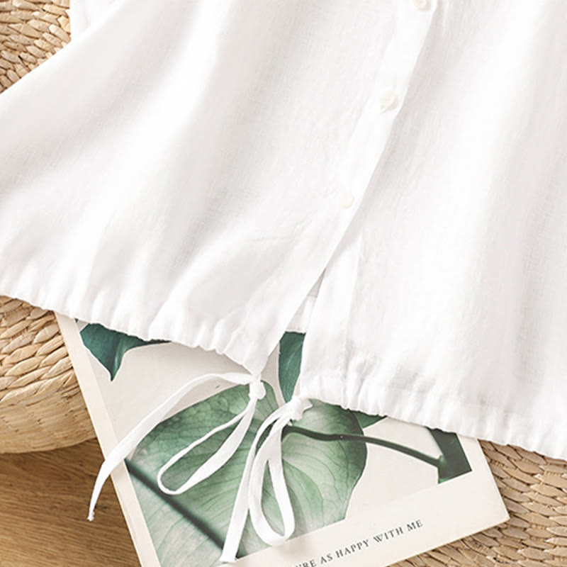 Letnia bawełniana koszula damska z krótkim rękawem i guzikami w jednolitym kolorze z Buddha Stones - image 13