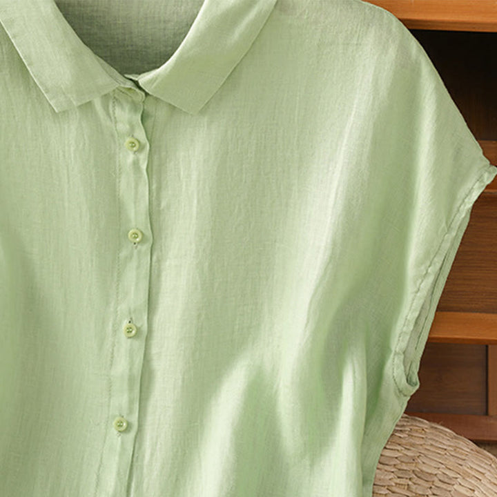 Letnia bawełniana koszula damska z krótkim rękawem i guzikami w jednolitym kolorze z Buddha Stones - image 18