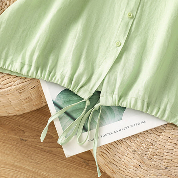 Letnia bawełniana koszula damska z krótkim rękawem i guzikami w jednolitym kolorze z Buddha Stones - image 20