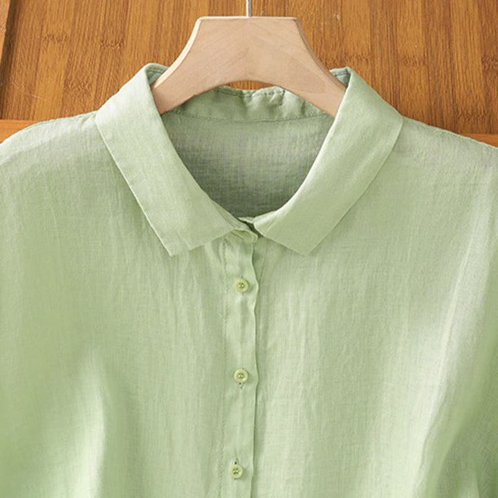 Letnia bawełniana koszula damska z krótkim rękawem i guzikami w jednolitym kolorze z Buddha Stones - image 17