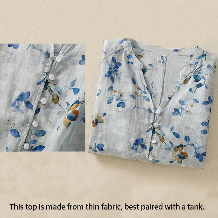 Koszula damska z bawełny Buddha Stones w kolorze niebieskim z kwiatowym dekoltem w serek i rękawami trzy czwarte - image 4