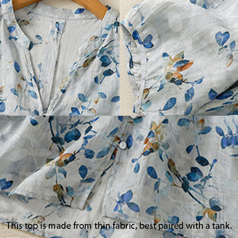 Koszula damska z bawełny Buddha Stones w kolorze niebieskim z kwiatowym dekoltem w serek i rękawami trzy czwarte - image 15