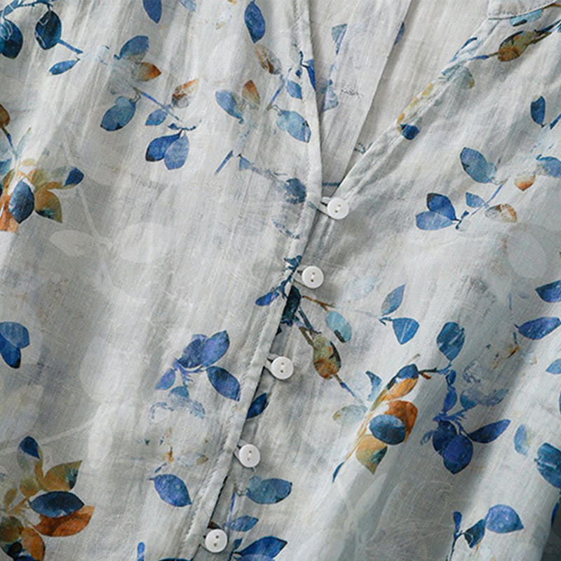 Koszula damska z bawełny Buddha Stones w kolorze niebieskim z kwiatowym dekoltem w serek i rękawami trzy czwarte - image 10