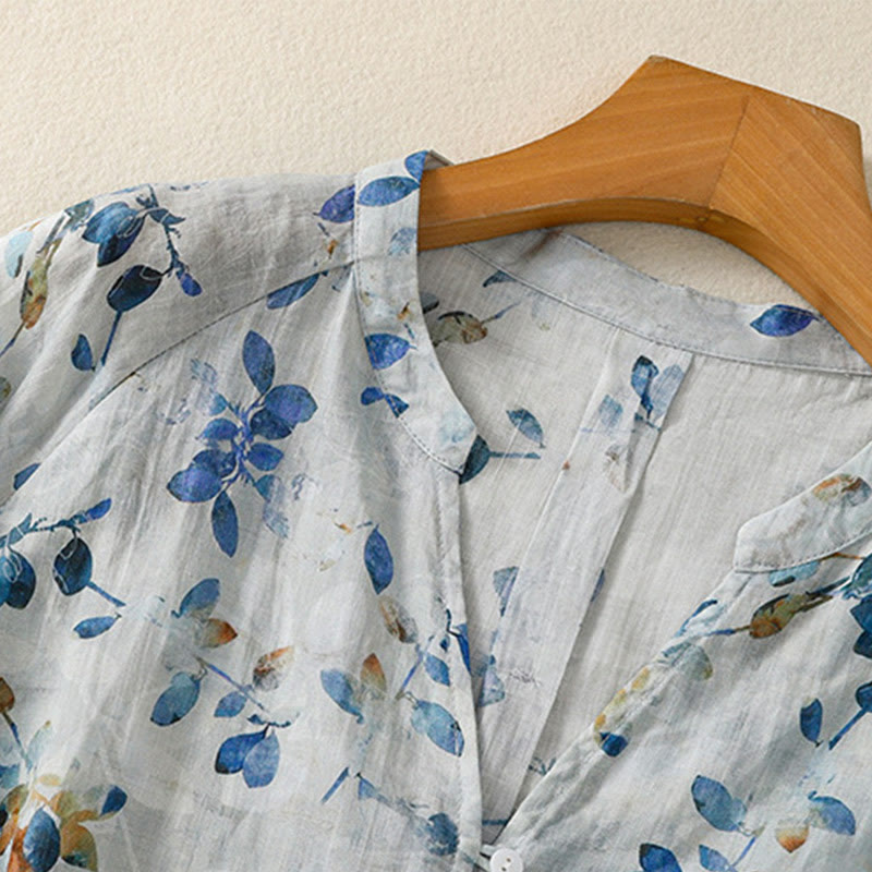 Koszula damska z bawełny Buddha Stones w kolorze niebieskim z kwiatowym dekoltem w serek i rękawami trzy czwarte - image 7