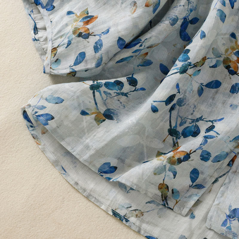 Koszula damska z bawełny Buddha Stones w kolorze niebieskim z kwiatowym dekoltem w serek i rękawami trzy czwarte - image 12