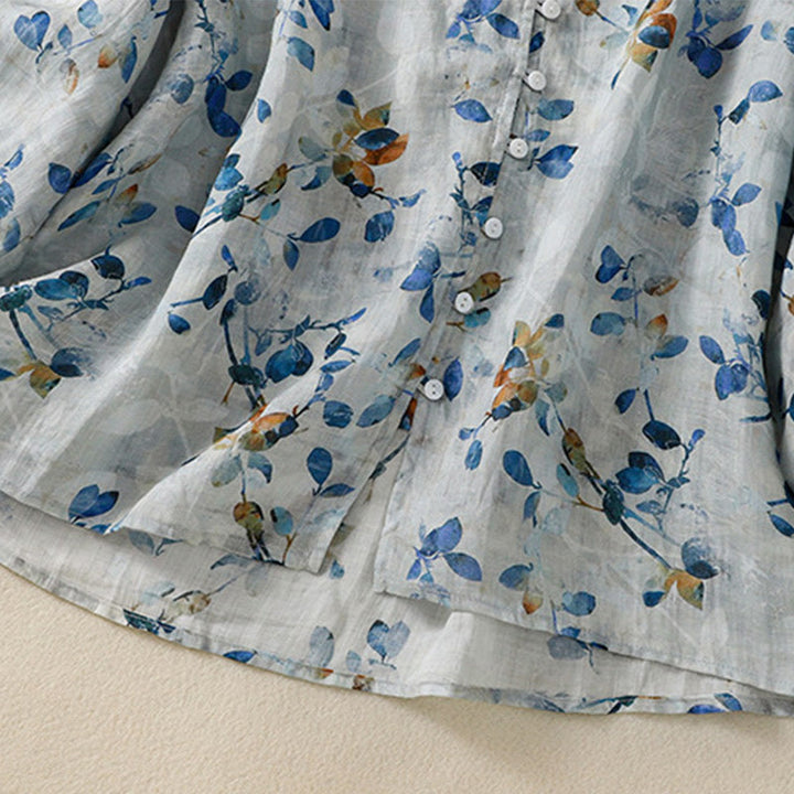 Koszula damska z bawełny Buddha Stones w kolorze niebieskim z kwiatowym dekoltem w serek i rękawami trzy czwarte - image 13