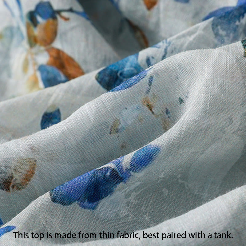 Koszula damska z bawełny Buddha Stones w kolorze niebieskim z kwiatowym dekoltem w serek i rękawami trzy czwarte - image 15