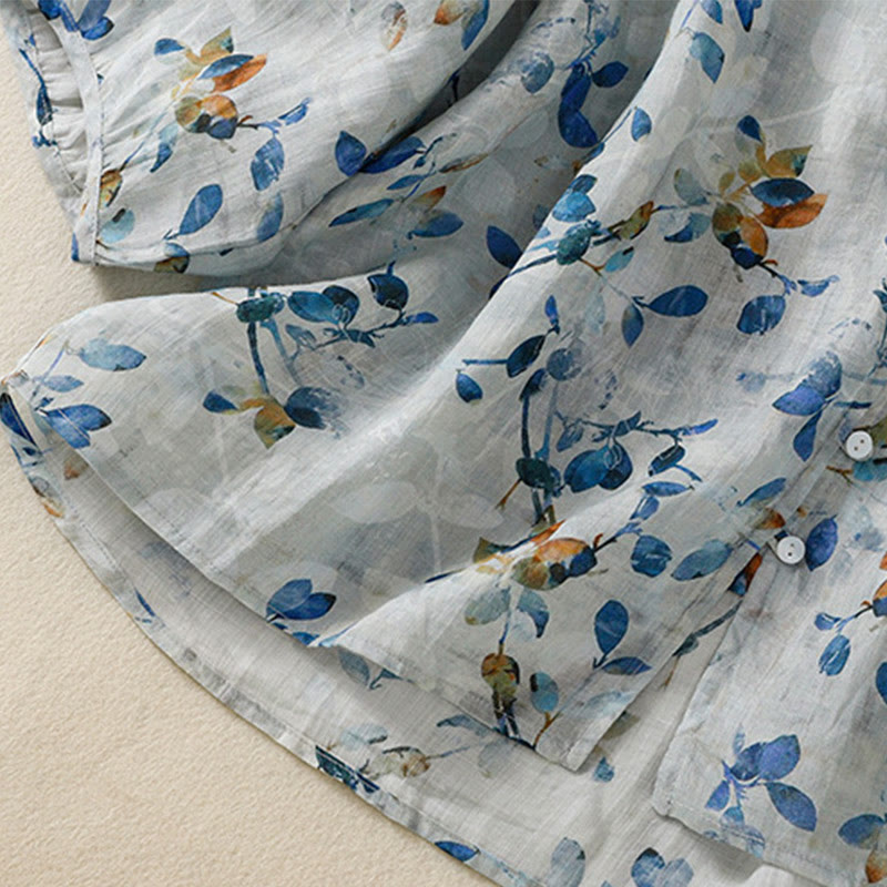 Koszula damska z bawełny Buddha Stones w kolorze niebieskim z kwiatowym dekoltem w serek i rękawami trzy czwarte - image 11