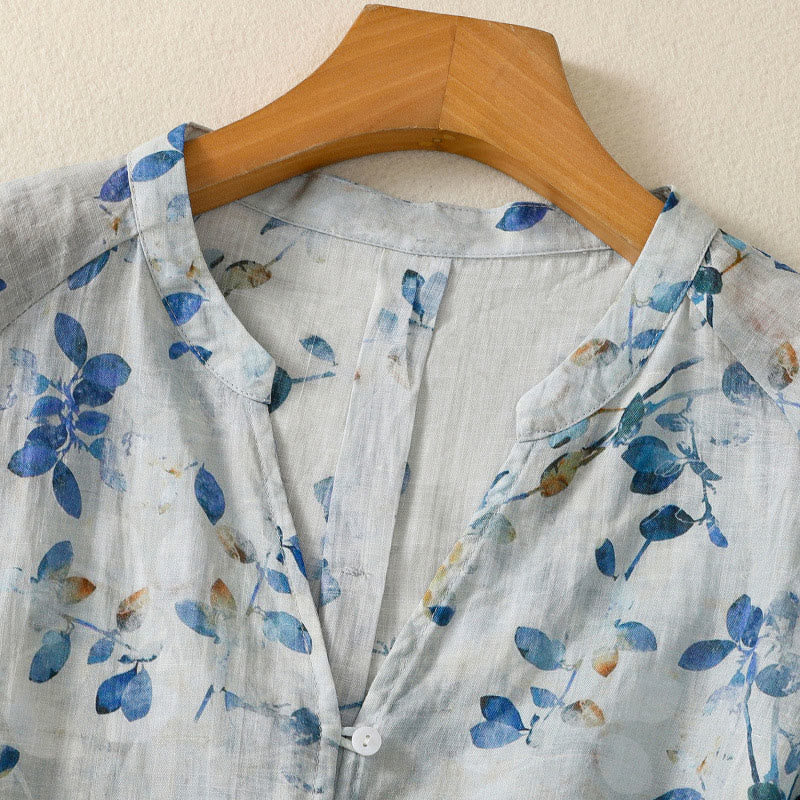 Koszula damska z bawełny Buddha Stones w kolorze niebieskim z kwiatowym dekoltem w serek i rękawami trzy czwarte - image 8