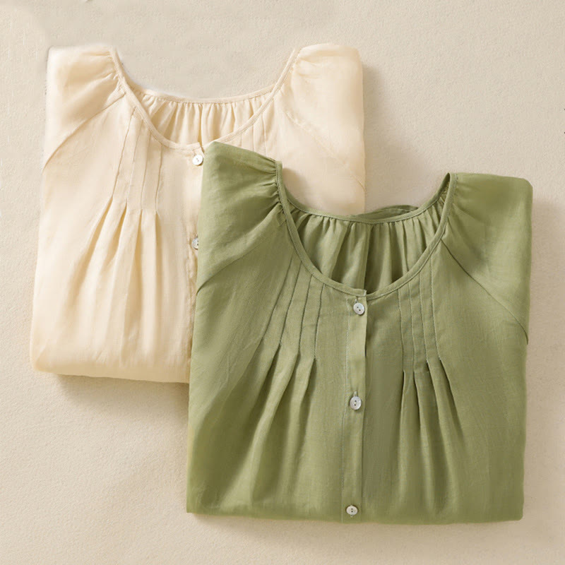 Koszula damska z bawełny Buddha Stones, prosta, zapinana na guziki, z okrągłym dekoltem i rękawami trzy czwarte - image 1