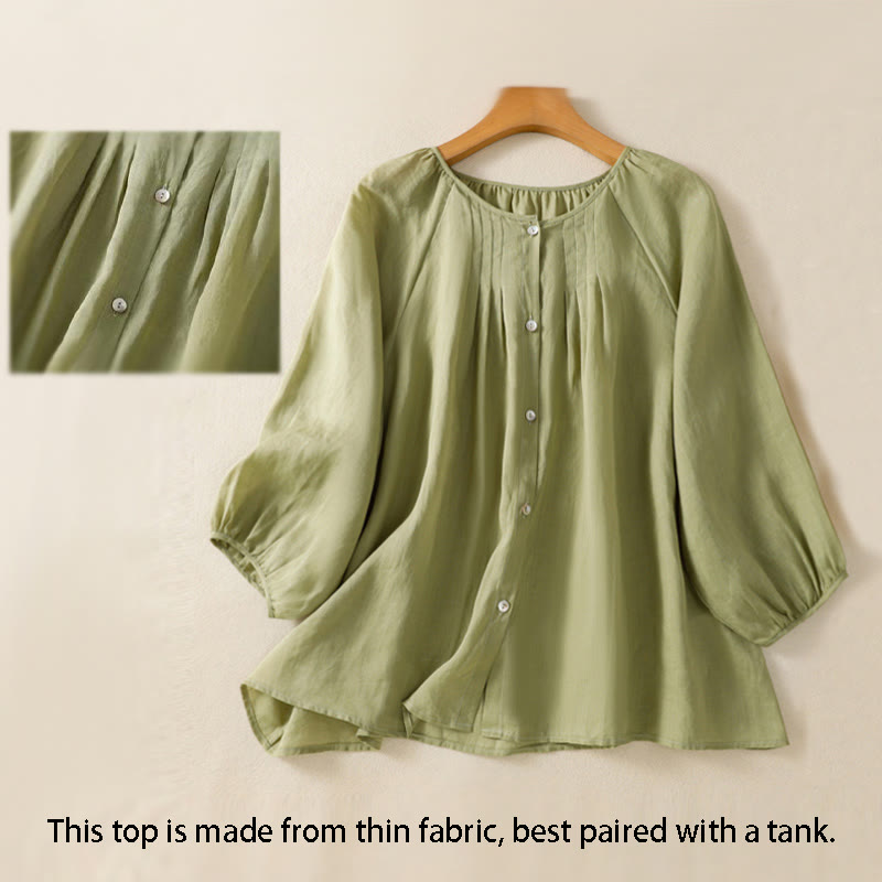 Koszula damska z bawełny Buddha Stones, prosta, zapinana na guziki, z okrągłym dekoltem i rękawami trzy czwarte - image 5