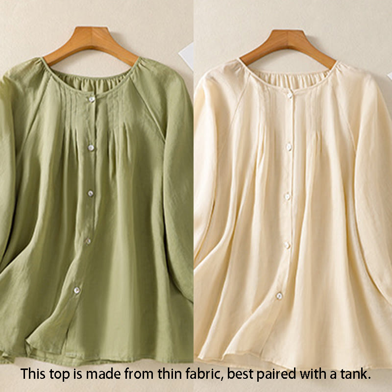 Koszula damska z bawełny Buddha Stones, prosta, zapinana na guziki, z okrągłym dekoltem i rękawami trzy czwarte - image 24